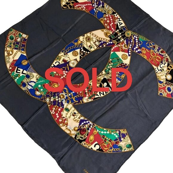 CHANEL Coco Dark Gray Beige Multi Scarf 345-061625 - Picture 1 of 3